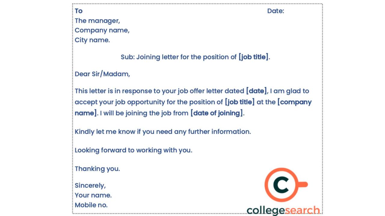 Joining Letter: Importance, Format, Samples, How To Write, Tips, And  Differentiate Between Appointment Letter | Collegesearch